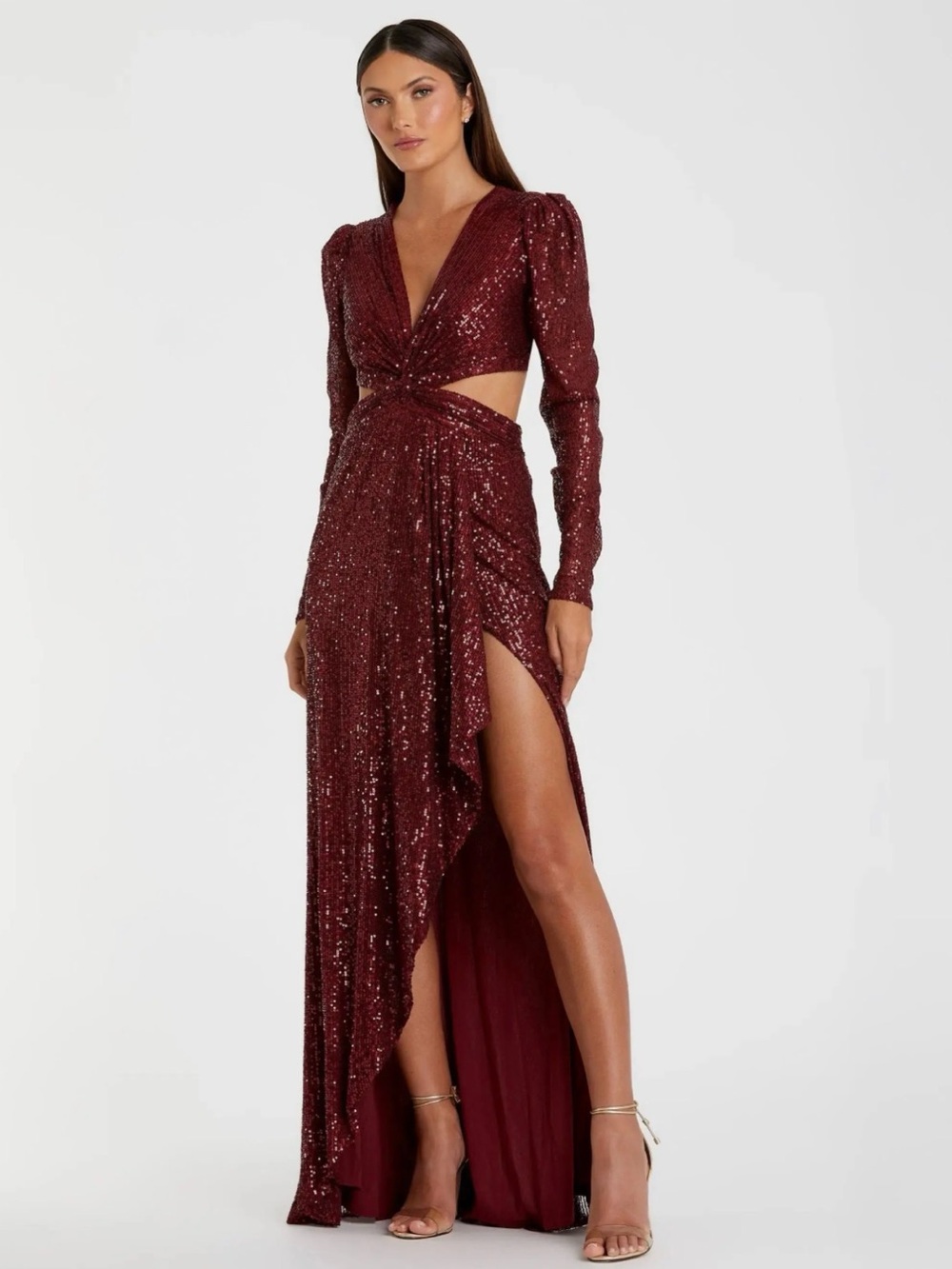 Sequined Criss Cross Long Sleeve Gown